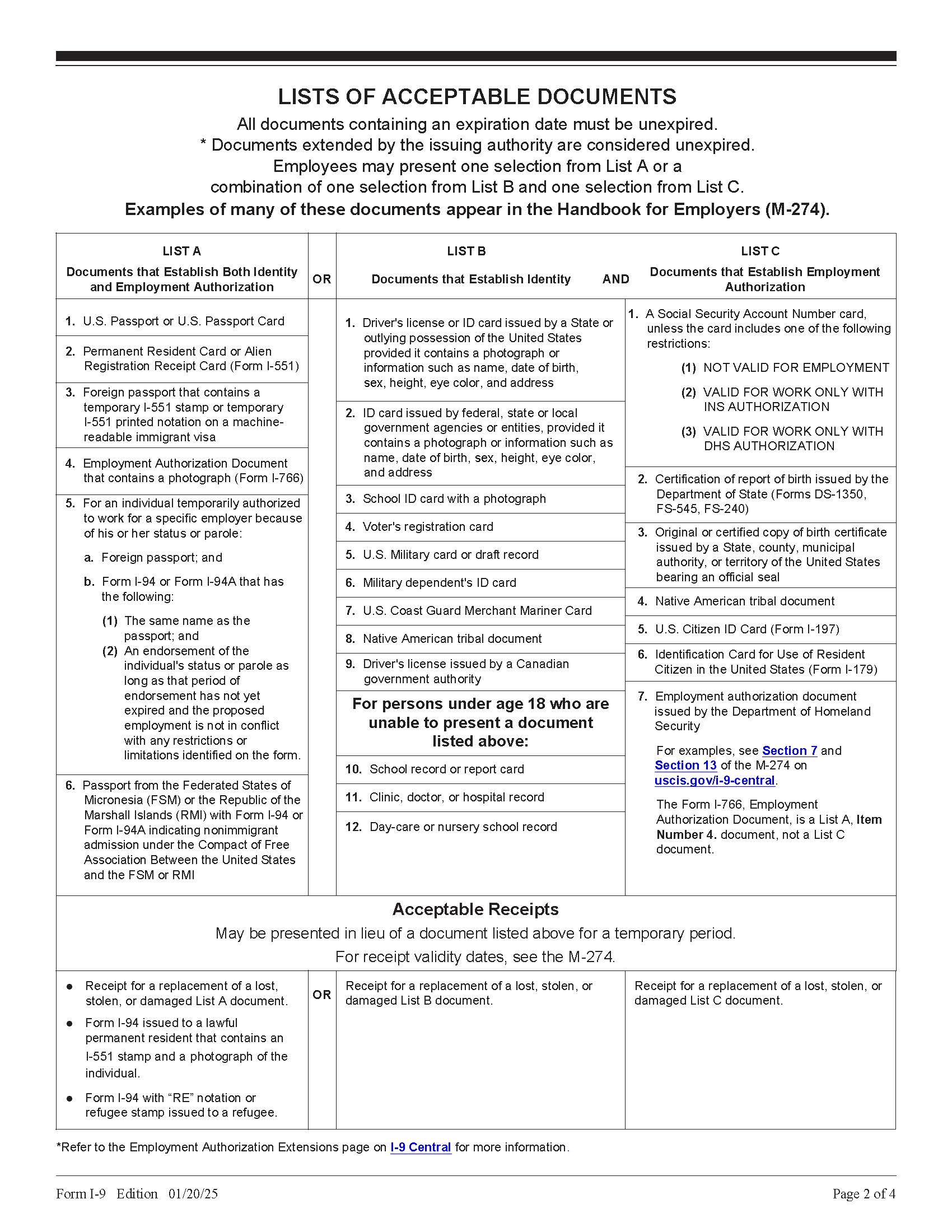 List of Acceptable Documents